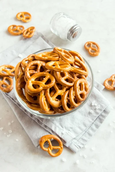 Salty Mini Pretzels Salt Bowl Homemade Organic Snack Beer — Stock Photo, Image