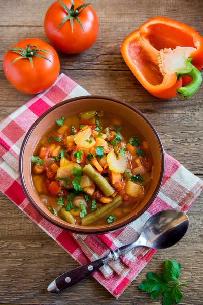 Grönsakssoppa Med Ingredienser Morot Tomat Potatis Persilja Peppar Selleri Haricots — Stockfoto