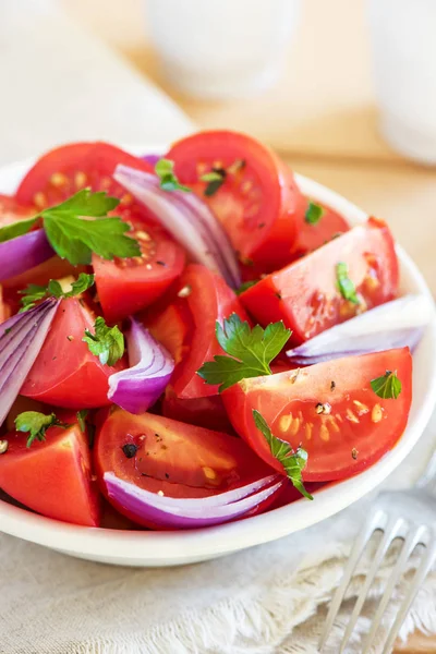 Rajčatový Salát Cibulí Petrželkou Černý Pepř Misce Zdravá Vegetariánská Veganská — Stock fotografie