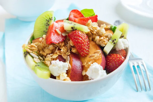 Fresh Fruit Salad Homemade Granola Feta Cheese Honey White Plate — Stock Photo, Image