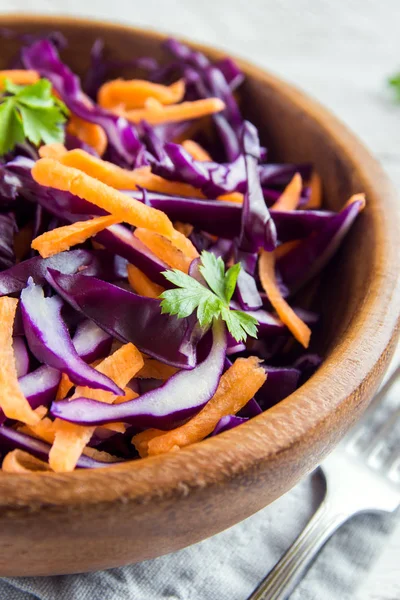 Red Cabbage Coleslaw Salad with Carrots and Greens - healthy diet, detox, vegan, vegetarian, vegetable spring salad, copy space for text