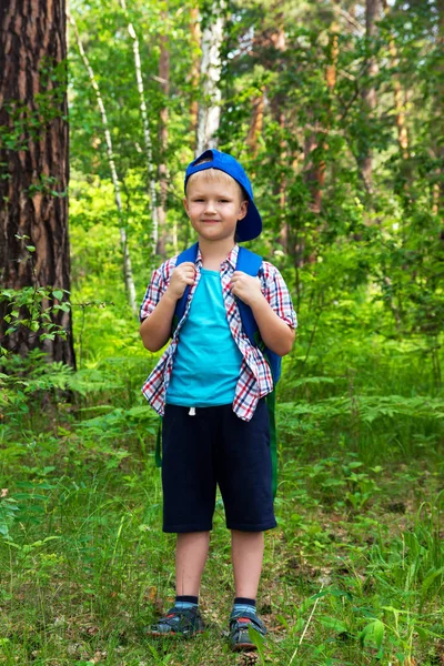 Gelukkige Jongen Kind Wandelen Buiten Met Rugzak Plezier Zomer Bos — Stockfoto