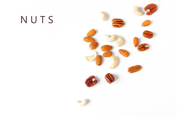 Nuts Isolated White Background Various Nuts Assortment Pecan Almond Cashew — Stock Photo, Image