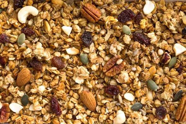 Homemade Granola Nuts Seeds Baking Sheet Granola Healthy Breakfast Background — Stock Photo, Image