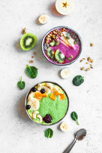Colorful Smoothie Bowls Healthy Detox Breakfast Top View Copy Space — Stock Photo, Image