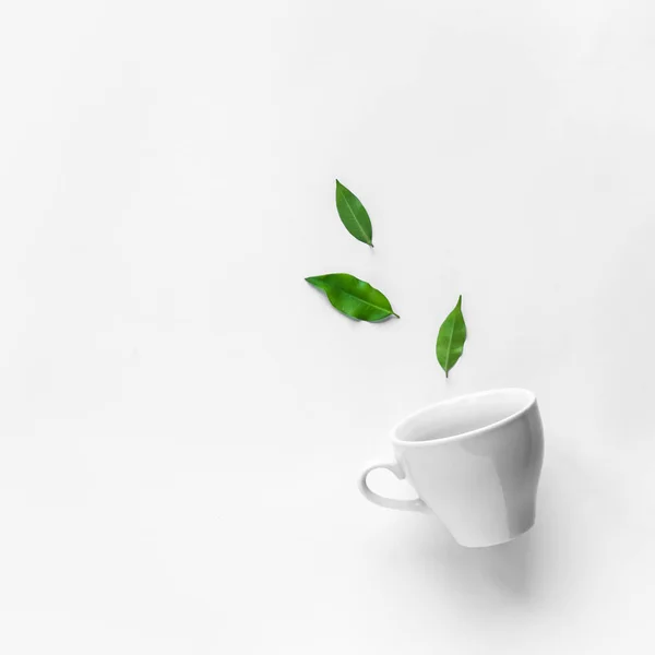 Green Tea White Teacup Tea Leaves White Background Organic Tea — Stock Photo, Image