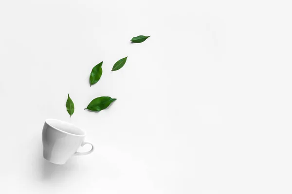 Green Tea White Teacup Tea Leaves White Background Organic Tea — Stock Photo, Image