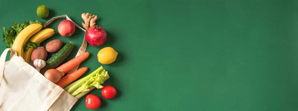 Gezonde Voedselachtergrond Veganistisch Vegetarisch Biologisch Voedsel Eco Zak Groenten Fruit — Stockfoto