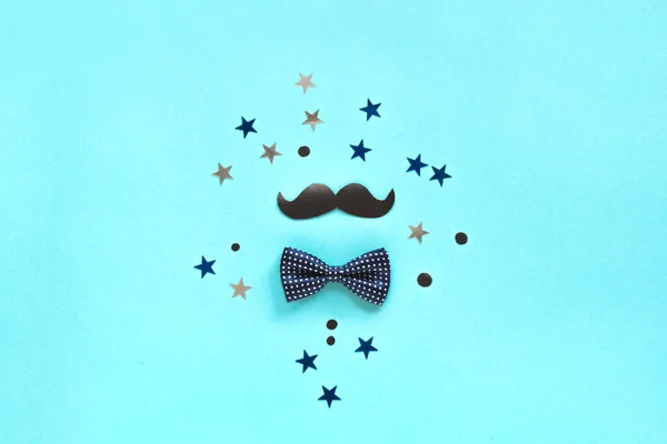 Father Day Concept Flat Lay Creative Composition Bowtie Moustache Blue — Stock Photo, Image