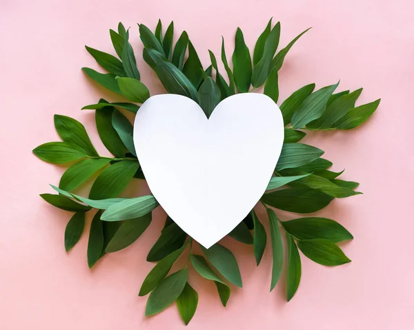 Yeşil Yaprakların Yaratıcı Düzeni Pembe Beyaz Boş Kalp Şeklindeki Yabani — Stok fotoğraf