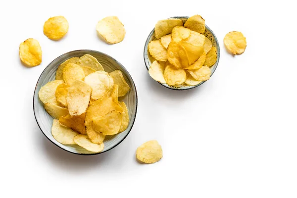 Potato Chips Bowls Isolated White Background Homemade Oven Baked Crispy — Stock Photo, Image