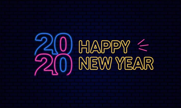 Gelukkig Nieuwjaar 2020 typografie tekst poster viering met gloeiende neon licht effect op donkerblauwe baksteen achtergrond vector illustratie — Stockvector
