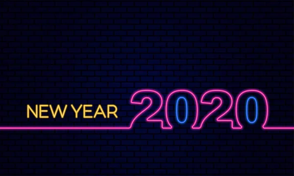 Feliz Ano Novo 2020 celebração do cartaz com efeito de luz de néon brilhante na ilustração do vetor de fundo de tijolo azul escuro —  Vetores de Stock