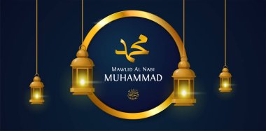 Mawlid Al Nabi Muhammad Islam Prophet doğum günü poster tasarımı geleneksel fener lambası ve altın halka arka plan çizimi ile. Arapça: shallallahu alaihi was allam