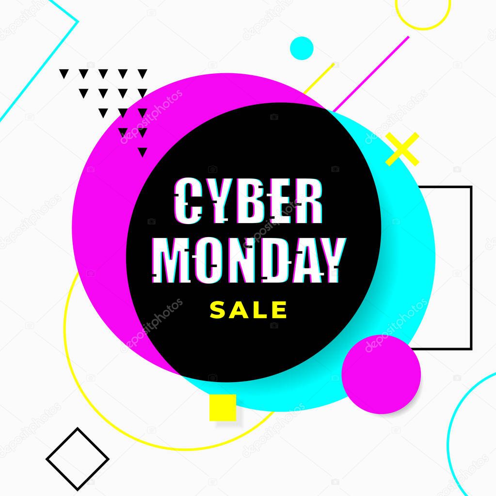 Cyber monday sale poster background social media template. glitch screen distortion effect typography with modern memphis geometric element vector illustration design.