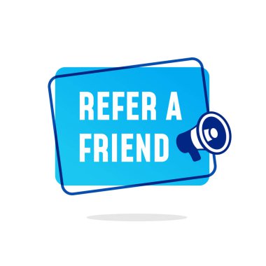 Bir arkadaş vektör etiketi tasarımını megafon simgesiyle ilişkilendir. İnternet pazarlama reklam afişi için modern görünüm çizimi.