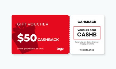 Hediye çeki% 50 nakit şablon tasarımı ve kupon kodu tanıtım metni çizimi