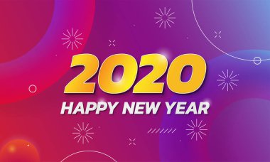 Yeni yılınız kutlu olsun. Renkli, soyut sıvı arkaplan ve havai fişek illüstrasyon vektör illüstrasyonlu poster tasarımı.