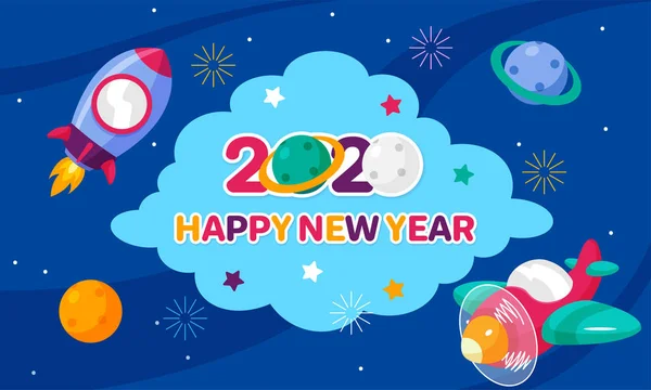 Happy New Year 2020 viering poster gebruik cartoon ruimte voor kinderen concept met raket, vliegtuig, planeet en vuurwerk vector illustratie 's nachts hemel achtergrond — Stockvector