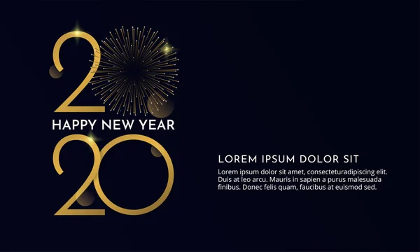 Gelukkig Nieuwjaar 2020 typografie tekst viering poster ontwerp. gloeiend gouden getal met goud vuurwerk explosie element en donkere hemel achtergrond vector illustratie. — Stockvector