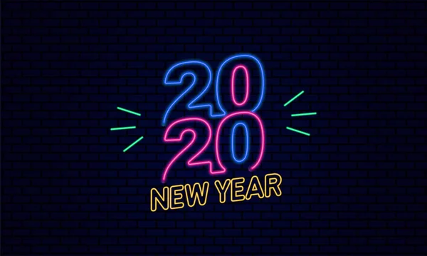 2020年新年快乐排字海报庆祝活动，明亮的霓虹灯对深蓝色砖背景矢量插图的影响 — 图库矢量图片