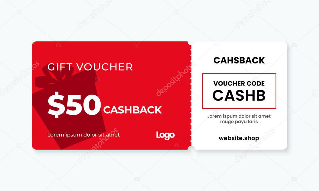 Gift voucher card 50% cashback template design with coupon code promotion text vector illustration