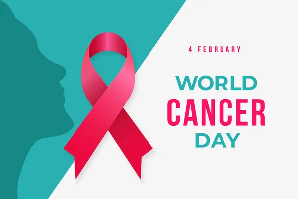 World Cancer Day poster sfondo modello di design con nastro donna faccia silhouette e simbolo vettoriale illustrazione — Vettoriale Stock