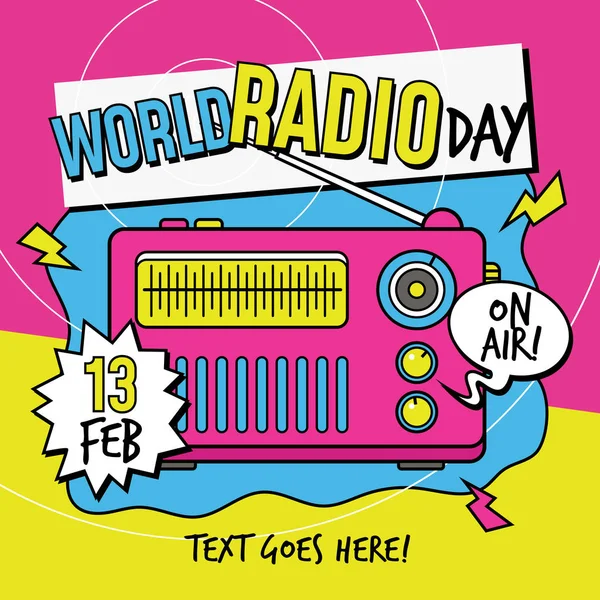 World Radio Day 90s pop art cor estilo cartaz fundo design vetor ilustração — Vetor de Stock