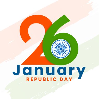 26 Ocak Hint Cumhuriyeti yazı tipi poster tasarımı ashoka çakra sembolü illüstrasyon ve üç renkli Hindistan bayrağı arkaplanı