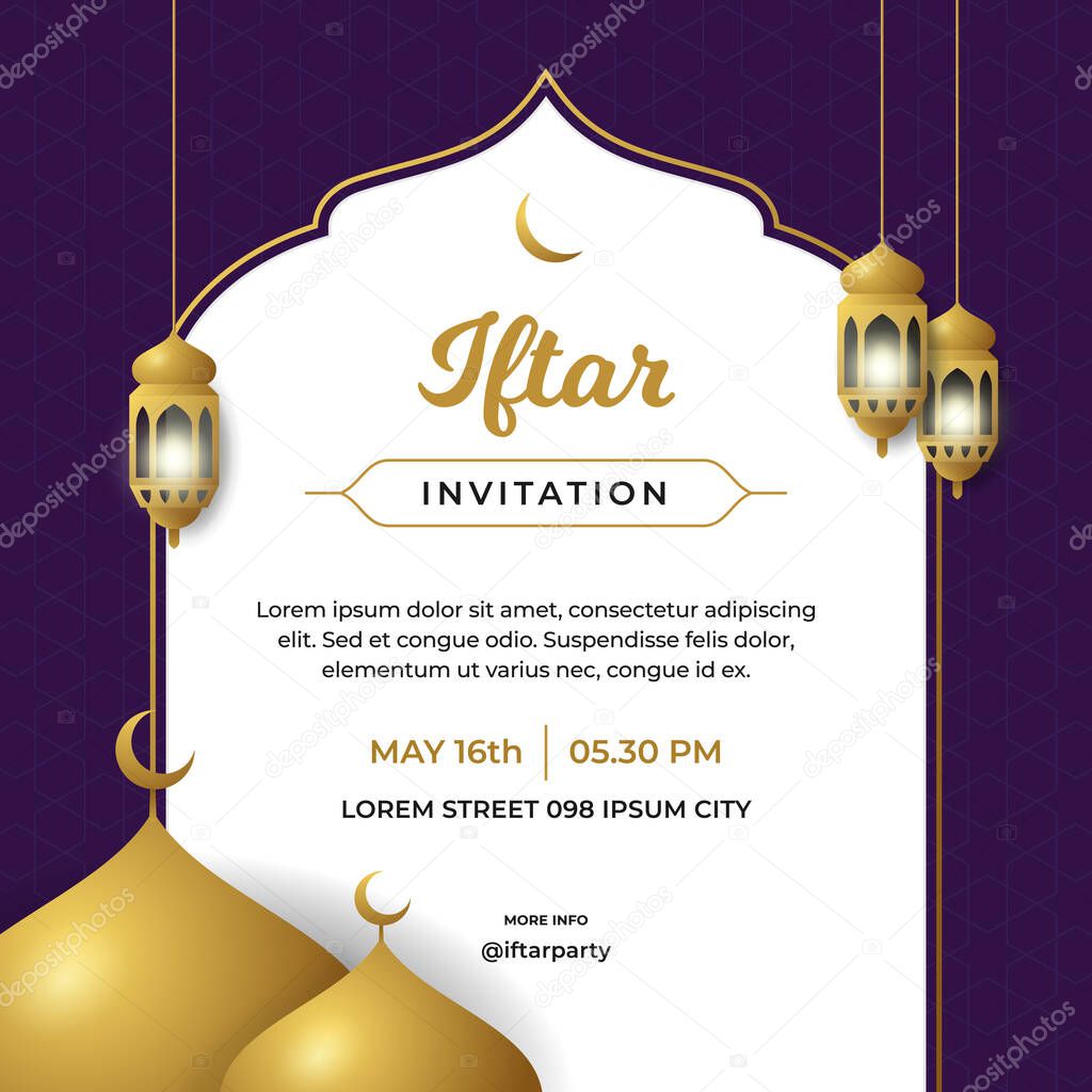 Iftar invitation flyer poster template design with great mosque background and islamic traditional lantern lamp vector illustration