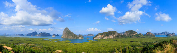 Beautiful Samet Nangshe viewpoint over Phnag-nga Bay panorama scenic, with mangrove forest and mountains in Andaman sea, near Phuket, Thailand