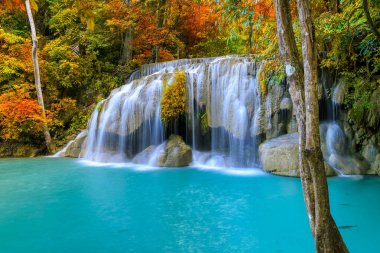 Sonbahar boyunca Ulusal Park Ormanı 'nda renkli görkemli şelale