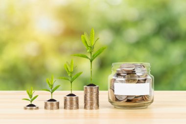 Bozuk para kavanozu kabı ve ahşap masa üzerinde boş etiket, tasarruf konsepti, yeşil ağaç arka planı