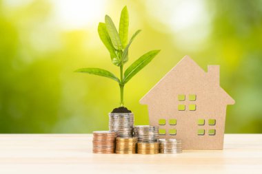 Para yığını ve model ev ahşap masa üzerinde büyüyen yapraklar yeşil ağaç arka plan, ipotek konsepti