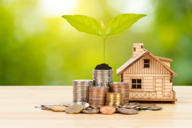 Para yığını ve model ev ahşap masa üzerinde büyüyen yapraklar yeşil ağaç arka plan, ipotek konsepti