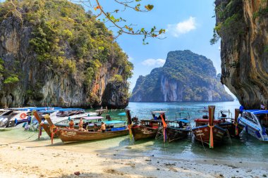 Krabi, Tayland - 17 Mart 2019: Lao Lading adasında turistleri bekleyen tekneler.