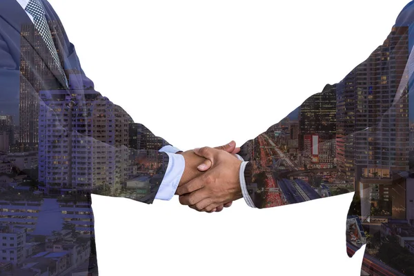 Doppelbelichtung Geschäftsleute Schütteln Hand Treffen Asiatischen Stil Auf Stadt Nacht — Stockfoto