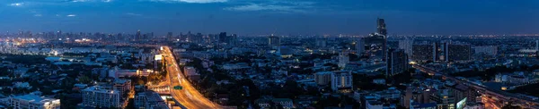 Expressway Arial View Centrum Skyline Panorama Nachts Met Licht Parcours — Stockfoto