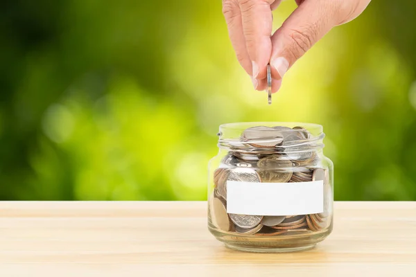 Coin Glass Jar Container Wooden Desk Green Tree Background Hand — Stock Photo, Image