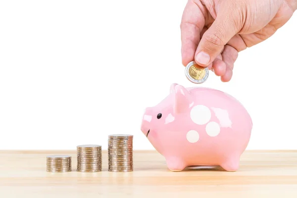 Hucha Pila Monedas Con Mano Poniendo Dinero Sobre Fondo Blanco —  Fotos de Stock