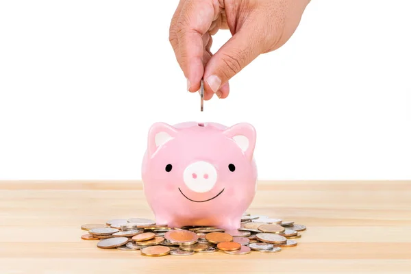 Piggy Bank Coin Pile Hand Putting Money White Background Saving — Stock Photo, Image