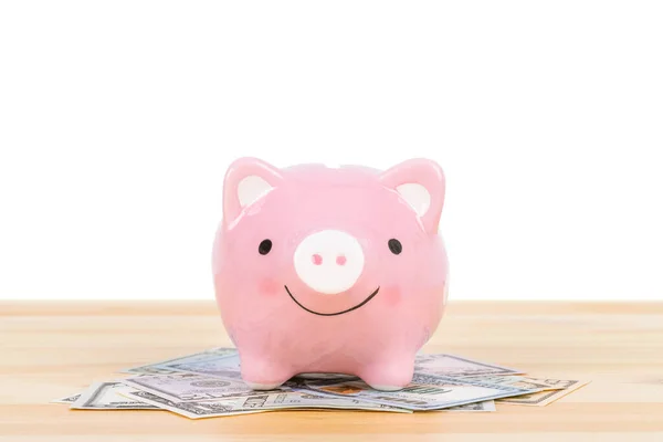 Piggy Bank Geld Bankbiljet Stapel Witte Achtergrond Sparen Concept — Stockfoto