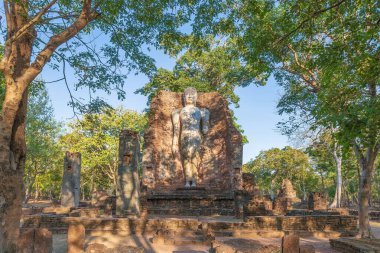 Wat Phra Si Ariyabot tapınağındaki ayakta duran Buda heykeli Kamphaeng Phet Tarihi Parkı, Unesco Dünya Mirası alanı