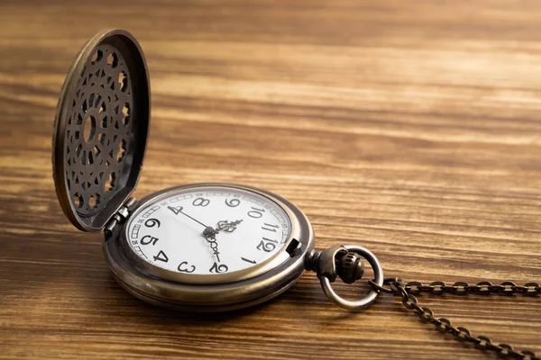 Vintage Pocket Watch Clock Wooden Background — Stock Photo, Image