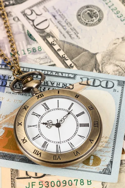 Vintage Pocket Watch Clock Dollar Banknote Concept Money Time Value — Stock Photo, Image