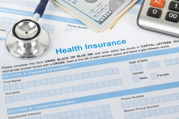 Health Insurance Application Form Stethoscope Calculator — Stock Photo, Image