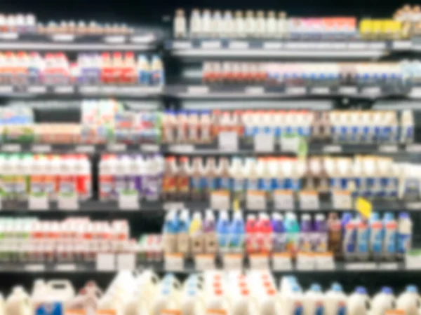 Streszczenie Niewyraźne Nowoczesny Retail Supermarket Nawy Półki Schłodzone Strefy — Zdjęcie stockowe