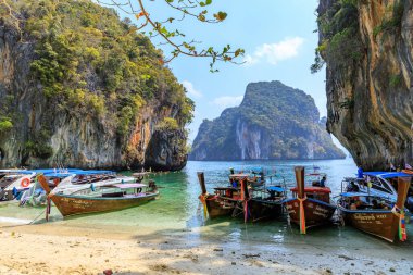 Krabi, Tayland - 17 Mart 2019: Lao Lading adasında turistleri bekleyen tekneler.