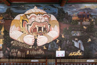 Bangkok, Tayland - 17 Aralık 2018: Wat Phra Kaew veya Zümrüt Buda Tapınağı 'ndaki Ramayana tablosu