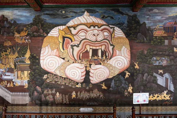 Bangkok, Tayland - 17 Aralık 2018: Wat Phra Kaew veya Zümrüt Buda Tapınağı 'ndaki Ramayana tablosu